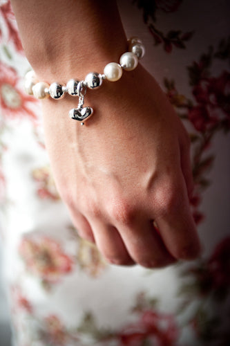 Sophie Swarovski® Crystal Pearl Bracelet with Trio of Sterling Silver Balls. Optional Heart Drop