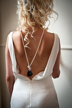 Load image into Gallery viewer, Lucy White Swarovski Crystal Pearl Necklace with Twinkling Dark Midnight Blue Goldstone Heart