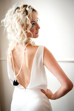 Load image into Gallery viewer, Lucy White Swarovski Crystal Pearl Necklace with Twinkling Dark Midnight Blue Goldstone Heart