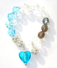 Load image into Gallery viewer, Flora Clear, Aquamarine and Dark Champagne AB Faceted Crystal Bracelet with Aquamarine Heart and Crystal Ball Drops
