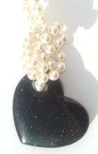 Load image into Gallery viewer, Lucy White Swarovski Crystal Pearl Necklace with Twinkling Dark Midnight Blue Goldstone Heart