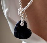 Load image into Gallery viewer, Lucy White Swarovski Crystal Pearl Necklace with Twinkling Dark Midnight Blue Goldstone Heart