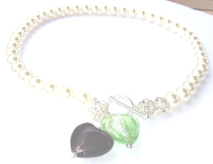 Flora Swarovski® Crystal Pearl Necklace with Silver Foil Hearts and Crystal Ball Drops