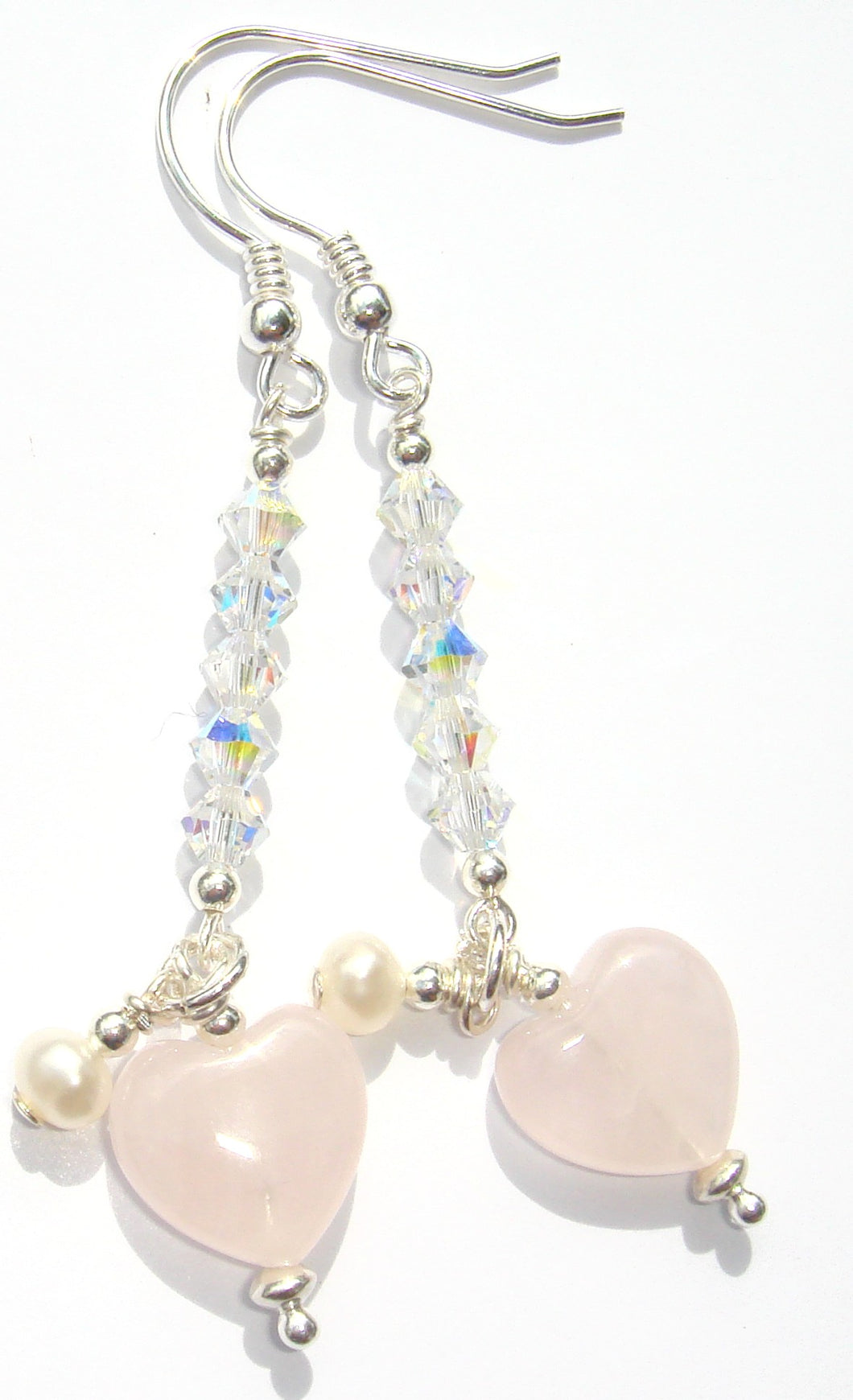 Freya Rose Quartz Heart with Pearl on Swarovski® AB Crystal Tower Earrings