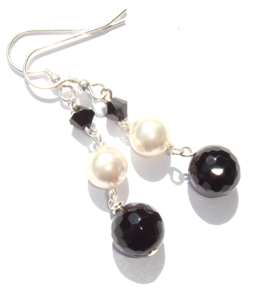 Freya Faceted Black Onyx, Pearl and Crystal Earrings