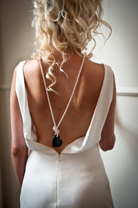 Lucy White Swarovski Crystal Pearl Necklace with Twinkling Dark Midnight Blue Goldstone Heart