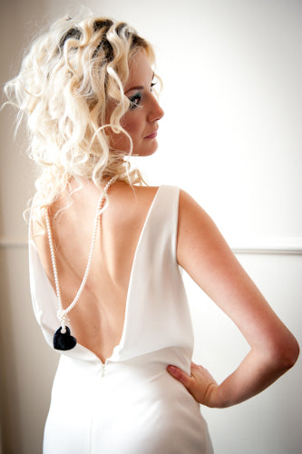 Lucy White Swarovski Crystal Pearl Necklace with Twinkling Dark Midnight Blue Goldstone Heart