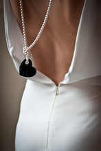 Load image into Gallery viewer, Lucy White Swarovski Crystal Pearl Necklace with Twinkling Dark Midnight Blue Goldstone Heart
