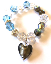 Load image into Gallery viewer, Flora Swarovski® Faceted Aquamarine and Dark Champagne AB Crystal Bracelet with Dark Champagne Heart Drop
