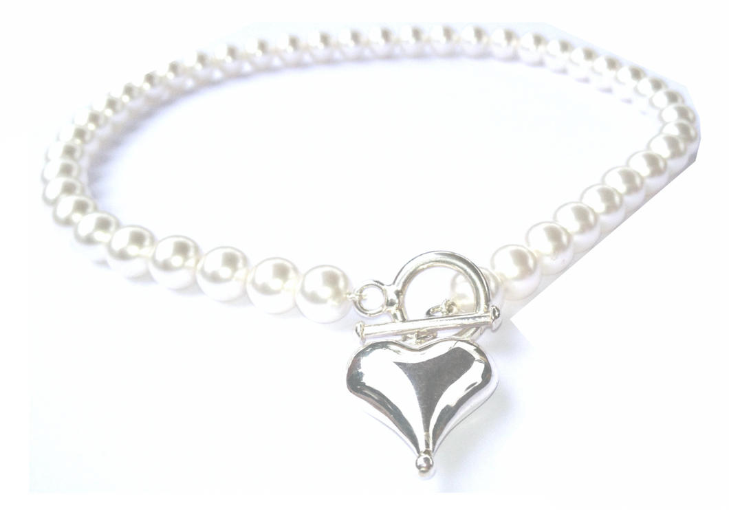 Lucy Swarovski® Crystal Pearl Necklace with Sterling Silver Large Heart Drop