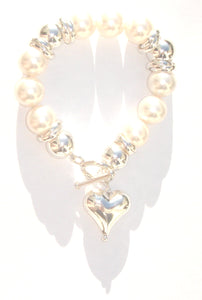 Vivienne Sterling Silver Ball & Crystal Pearl Bracelet with Sterling Silver Heart Drop