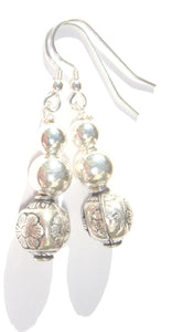 Vivienne Sterling Silver Fancy Floral and Smooth Graduated Ball Earrings