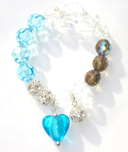 Load image into Gallery viewer, Flora Clear, Aquamarine and Dark Champagne AB Faceted Crystal Bracelet with Aquamarine Heart and Crystal Ball Drops
