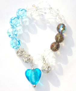 Flora Clear, Aquamarine and Dark Champagne AB Faceted Crystal Bracelet with Aquamarine Heart and Crystal Ball Drops