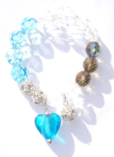 Load image into Gallery viewer, Flora Clear, Aquamarine and Dark Champagne AB Faceted Crystal Bracelet with Aquamarine Heart and Crystal Ball Drops
