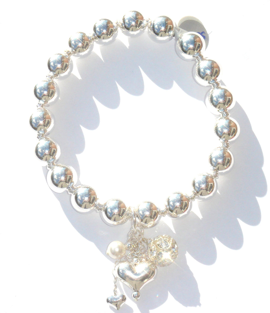 Vivienne Sterling Silver Ball Bracelet with Swarovski® Faceted Crystal Pearl and Crystal Ball Chain Drop