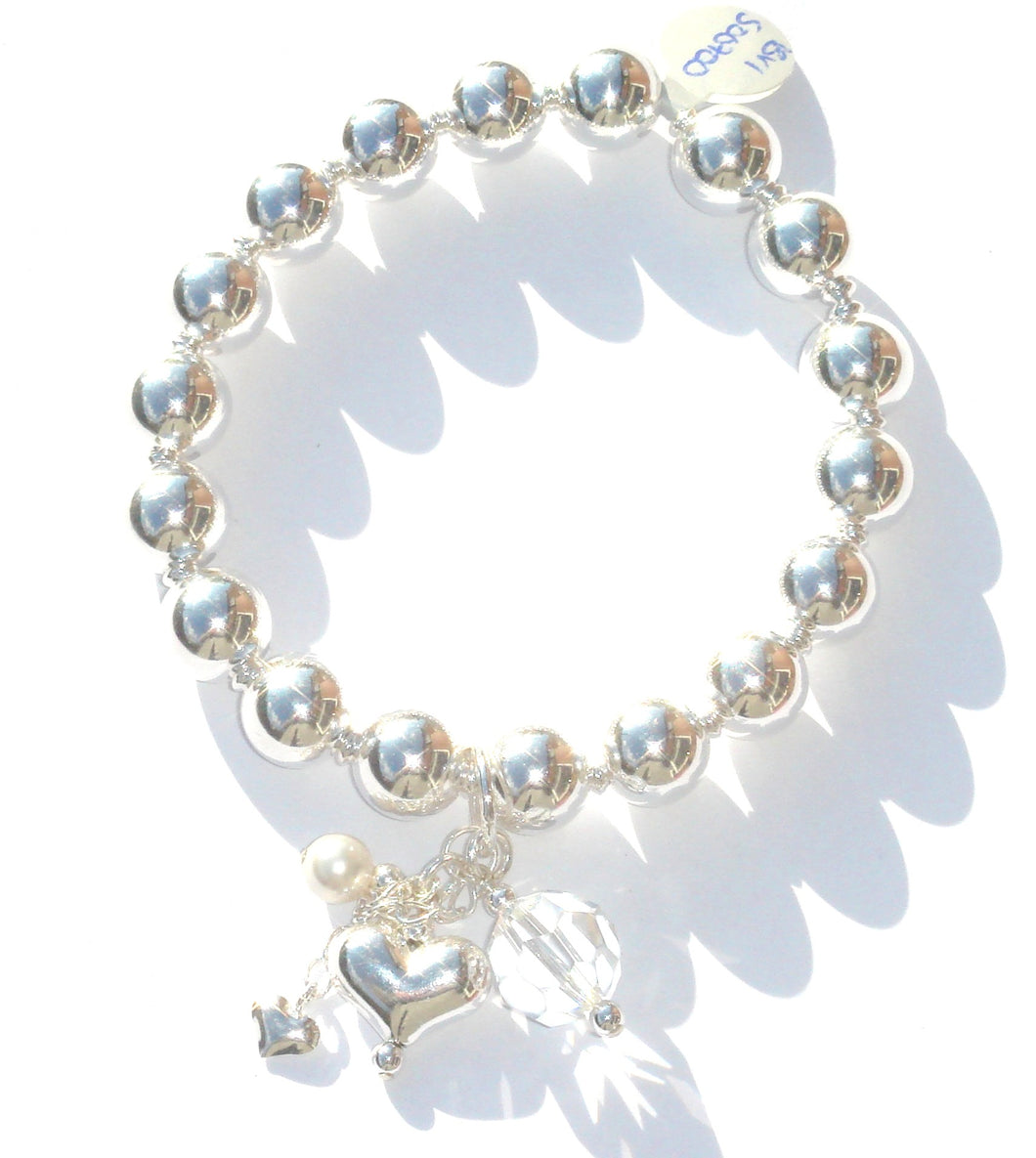 Vivienne Sterling Silver Ball Bracelet with Swarovski® Faceted Crystal and Pearl Drop on Sterling Silver Chain