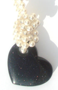 Lucy White Swarovski Crystal Pearl Necklace with Twinkling Dark Midnight Blue Goldstone Heart